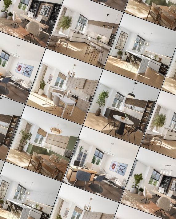 Eine Collage aus fotorealistischen, quadratischen 3D-Visualisierungen, die eine Vielzahl moderner Innenräume zeigt. Darunter befinden sich professionell gestaltete Home-Offices, verschiedene Küchenstile mit Essbereichen und ein Behandlungsraum.